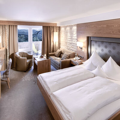 Modernes Zimmer Typ 9 im Hotel Mooshof in Bodenmais mit komfortablen Doppelbett und Fernseher zur Unterhaltung.