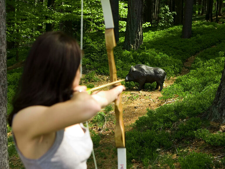Eine Frau übt das Bogenschießen mit einem Holzbogen auf eine Wildschweinschablone.