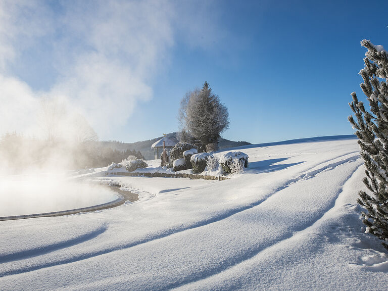 Verschneite Natur in Bodenmais und der beheizte Aussenpool des Wellnesshotels Mooshof, beleuchtet von strahlendem Sonnenschein.