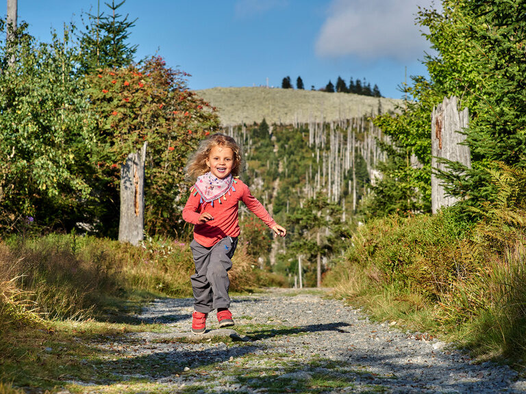 Ein lächelndes Kind läuft glücklich über einen zum Lusen führenden Wanderweg.