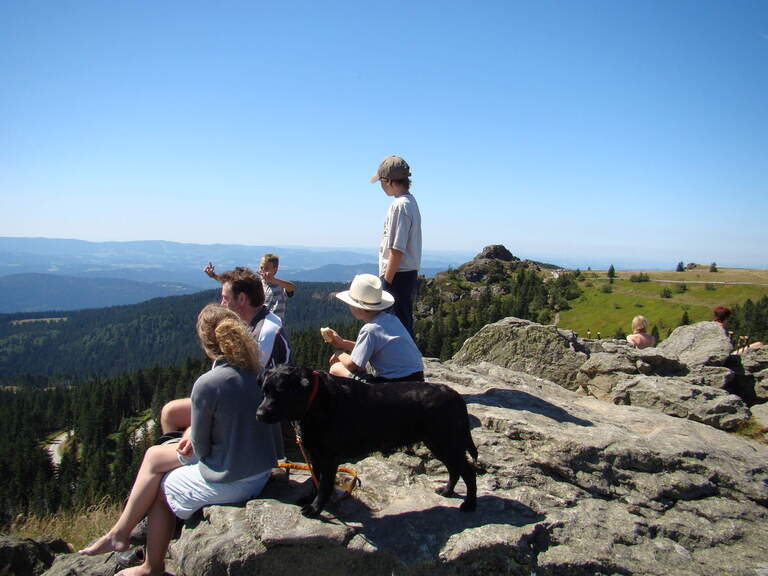 Eine Familie mit Hund blickt bei einer Wanderpause in die Ferne über den Nationalpark Bayerischer Wald.