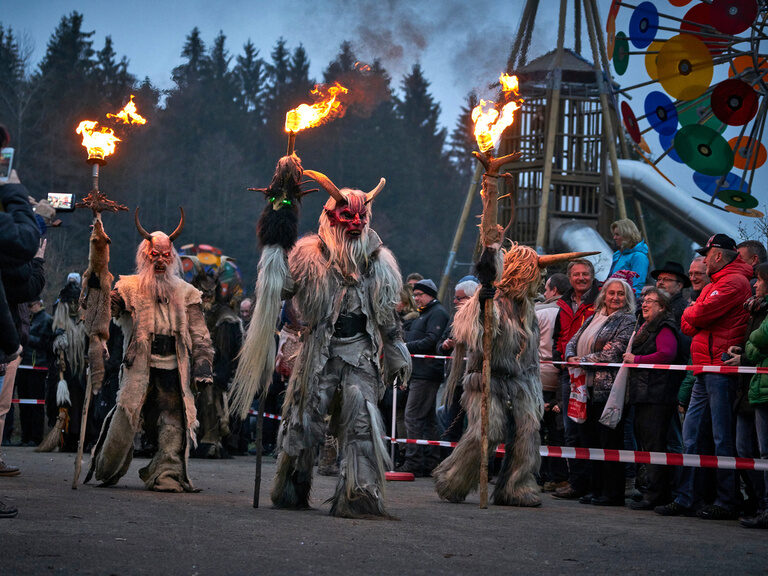 Eine Gruppe von maskierten Figuren mit Fackeln vertreiben bei der traditionellen Raunacht Geister.