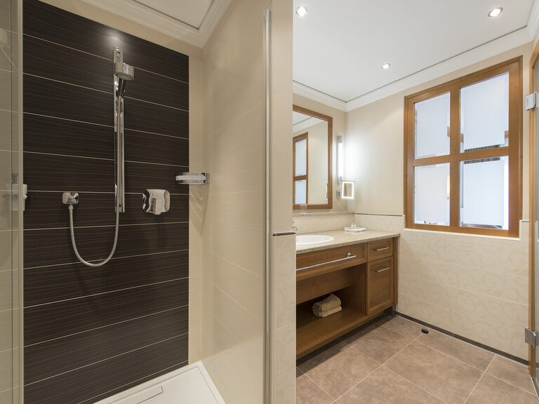 Das Badezimmer der Single Suite im Mooshof in Bodenmais bietet funktionales Design mit moderner Dusche und Waschbecken.