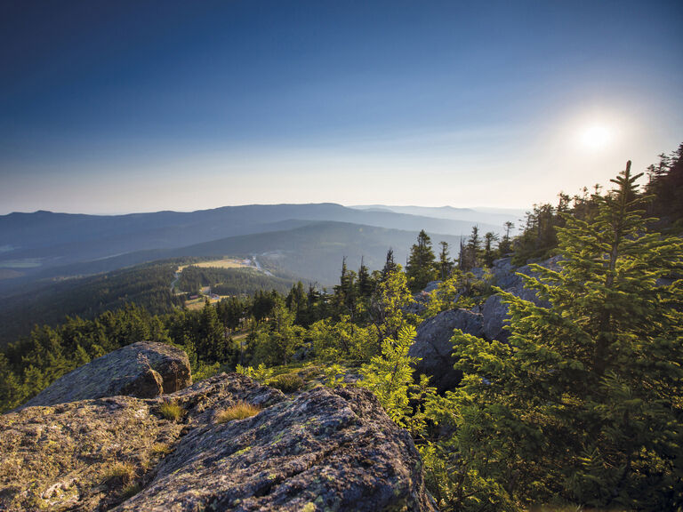 Ein beeindruckender Blick über hügelige Landschaften im Arberland Bayerischer Wald