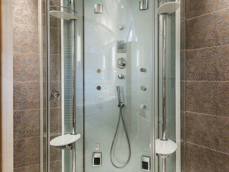 Elegante große Dusche mit silbernem Duschkopf in der Traumblick Suite des Wellnesshotels Mooshof im Bayerischen Wald.