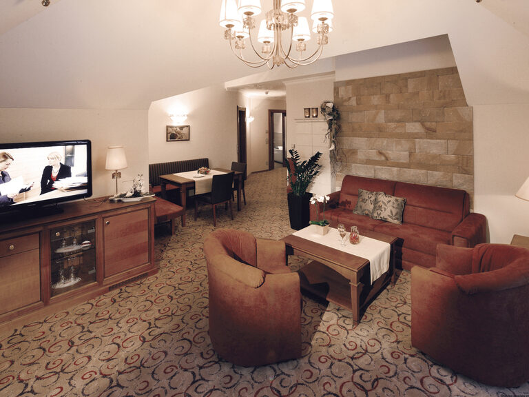 Die Traumblick Suite im Wellnesshotel Mooshof im Bayerischen Wald bietet einen luxuriösen Wohnbereich mit zeitgemäßem Interieur und Fernseher zur Unterhaltung.