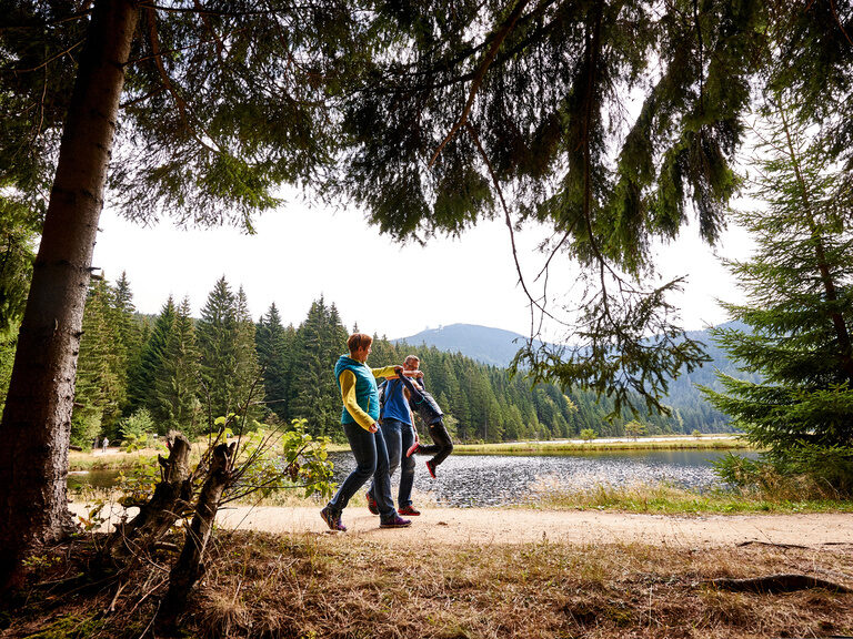 Ein Paar beim Wandern in der Natur entlang eines ruhigen Sees.