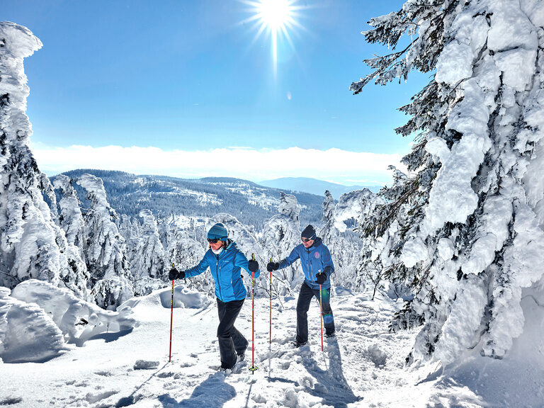 Zwei Personen besteigen einen Berg im Winter in der Nähe von Bodenmais.